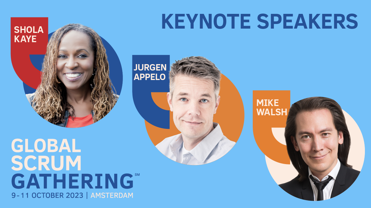 A blue graphic showing the photos of the keynote speakers for Global Scrum Gathering Amsterdam